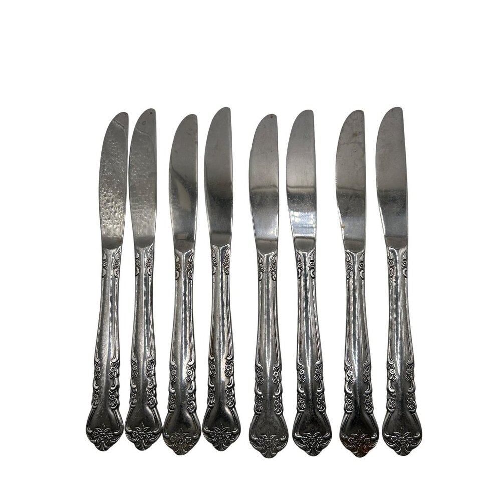 Set Of 8 Stanley Roberts Stainless Steel Dinner Knives Floral & Scrolls Design D